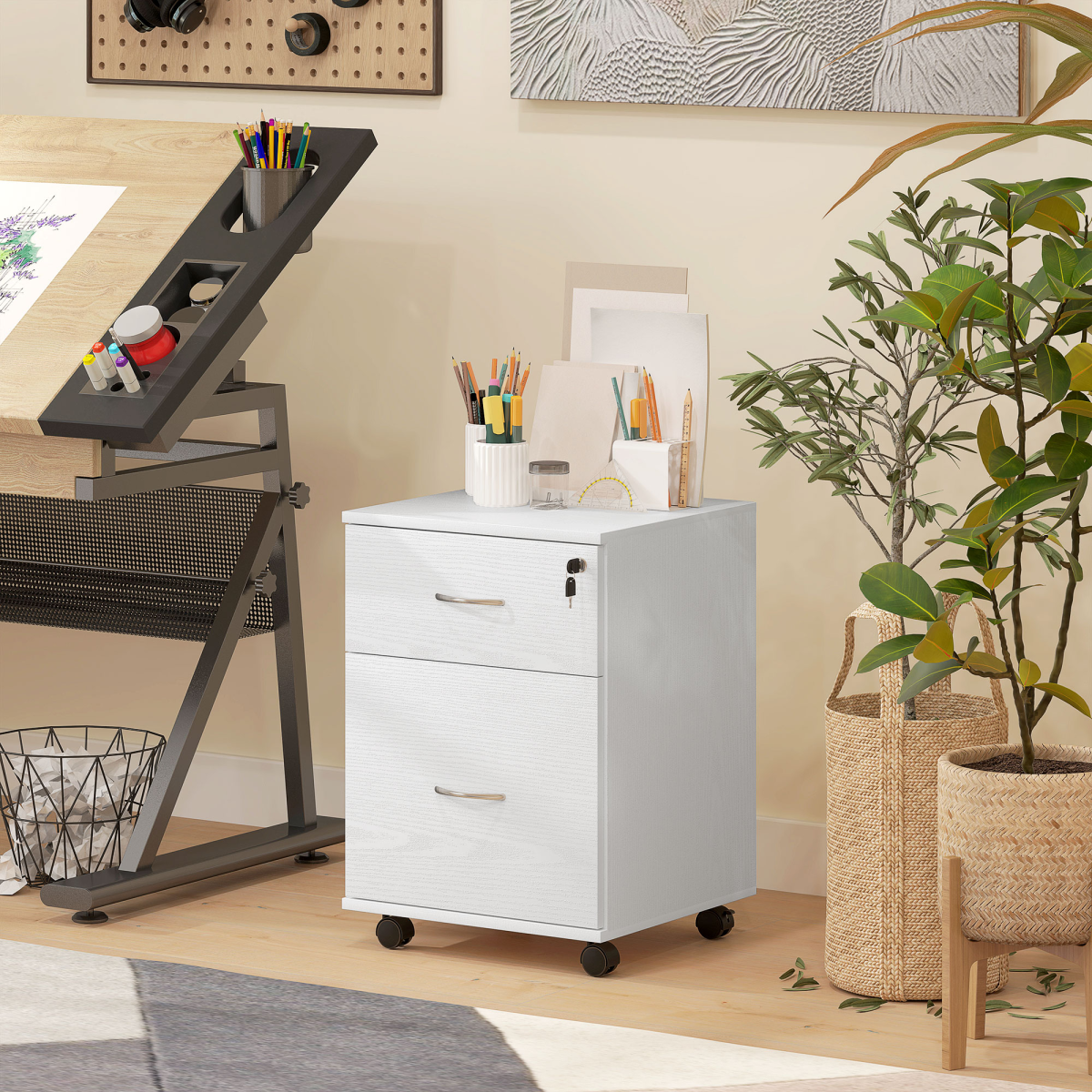 HOMCOM Lockable 2-Drawer Mobile Filing Cabinet, White Wood Grain