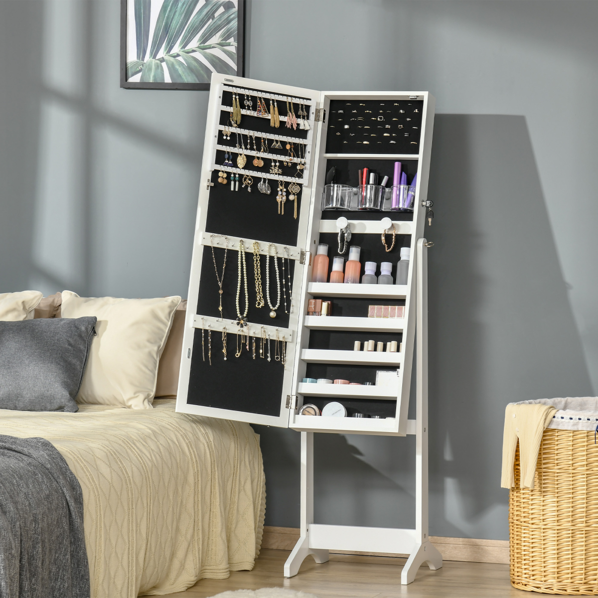 White Mirrored Jewellery Cabinet with LED Light, Lockable Storage