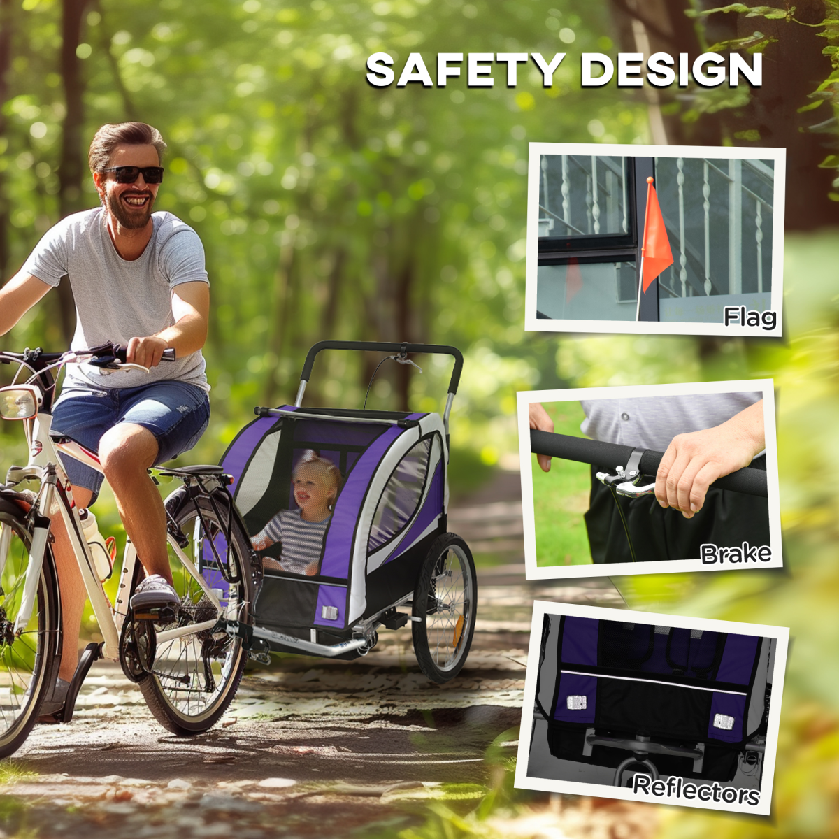 HOMCOM 2-Seat Child Bike Trailer with Safety Harness, Purple