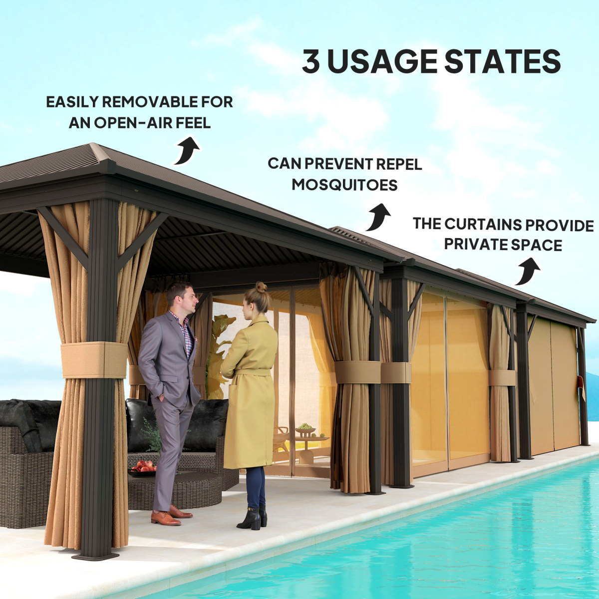 Outsunny 3.63 x 3m Metal Hardtop Garden Gazebo with Screened Curtains, Brown