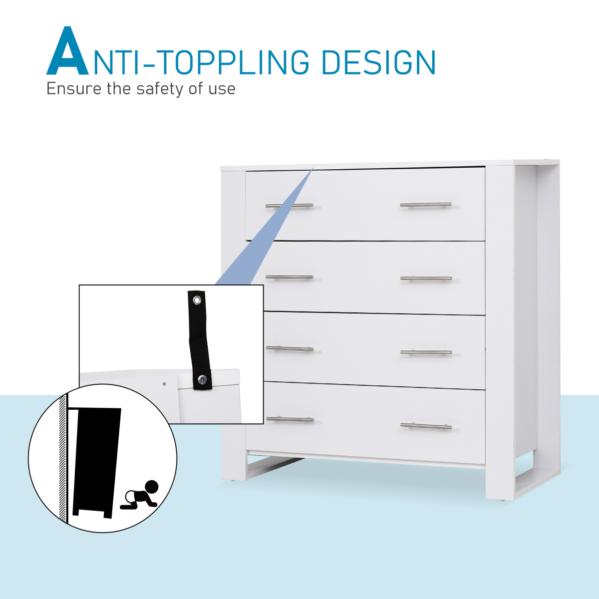 White 4-Drawer Chest of Drawers, Metal Handles, Storage Cabinet
