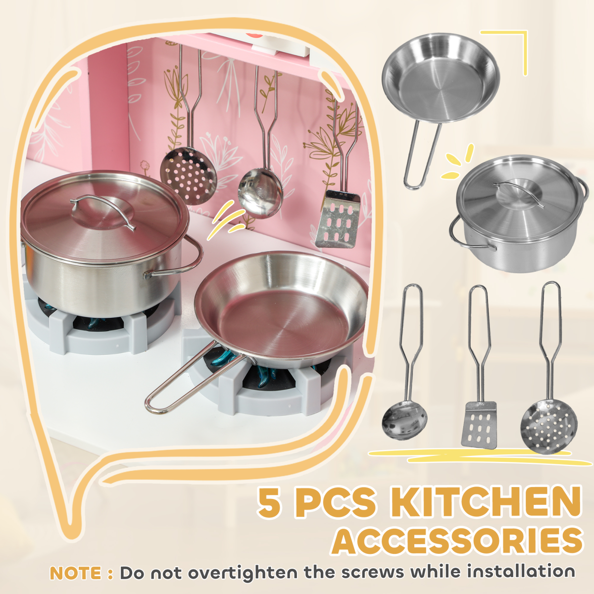 AIYAPLAY Kids Play Kitchen Set with Lights and Sounds, Pink