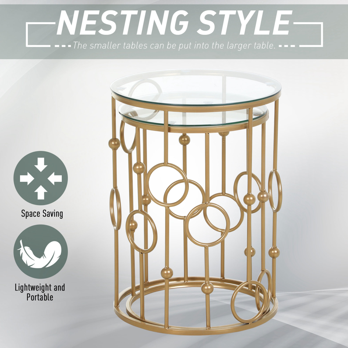 HOMCOM Set of 2 Gold Nesting Coffee Tables, Tempered Glass Top