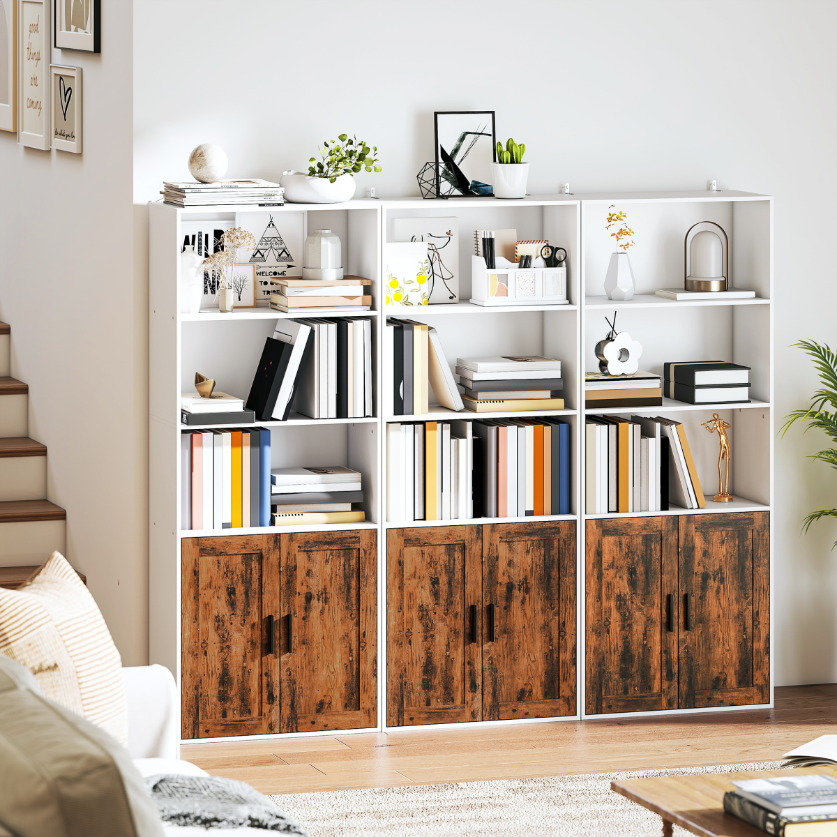 HOMCOM Tall 5-Tier Bookcase with Adjustable Shelf & Cupboard, Rustic Brown