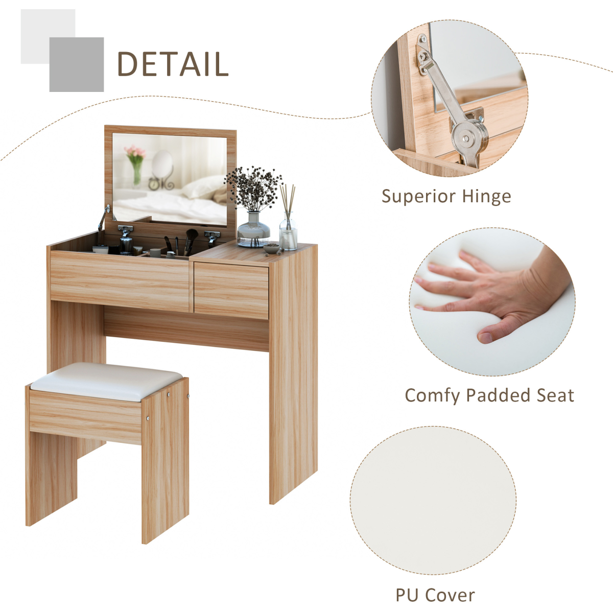 HOMCOM Dressing Table with Flip-Up Mirror, Hidden Storage, Slide-Out Drawer and Padded Stool