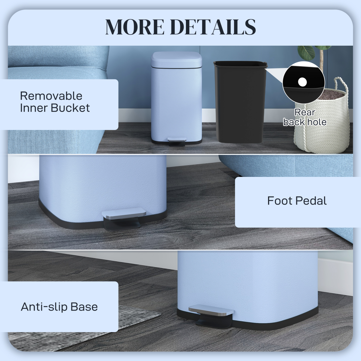 PawHut 20L Metal Kitchen Pedal Bin with Soft-Close Lid, Light Blue