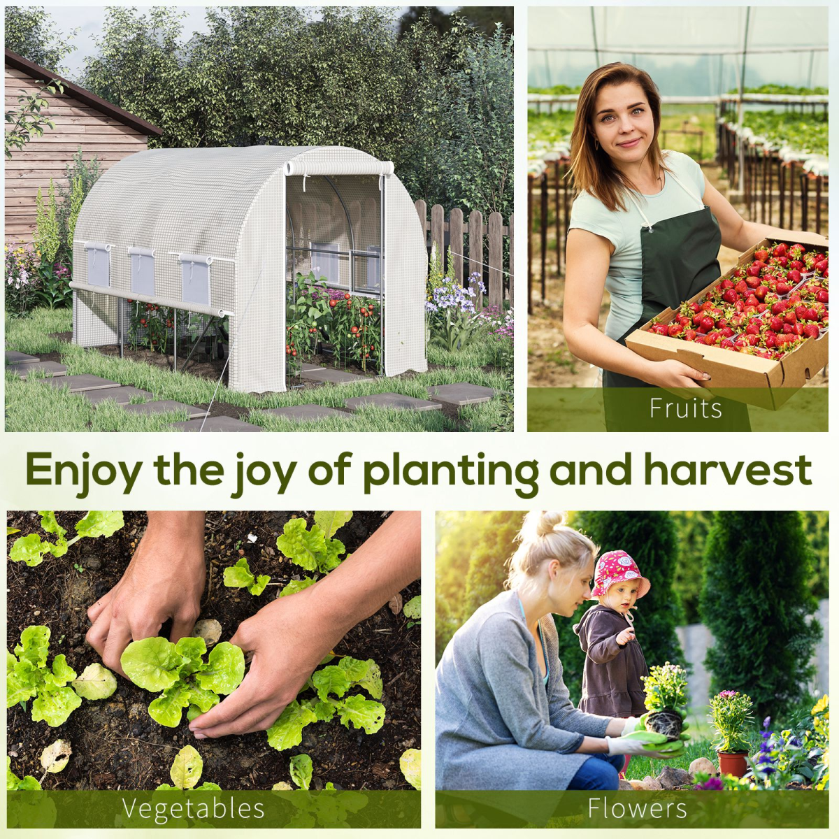 Outsunny Walk-In Backyard Greenhouse, 9.5 x 6.5 ft PE Polytunnel with Zippered Roll-Up Doors, White