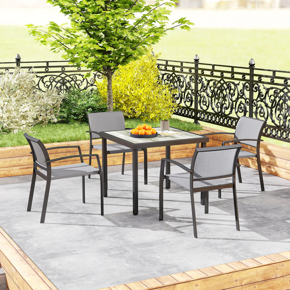 Outsunny 5-Piece Grey Garden Dining Set with 4 Stackable Armchairs