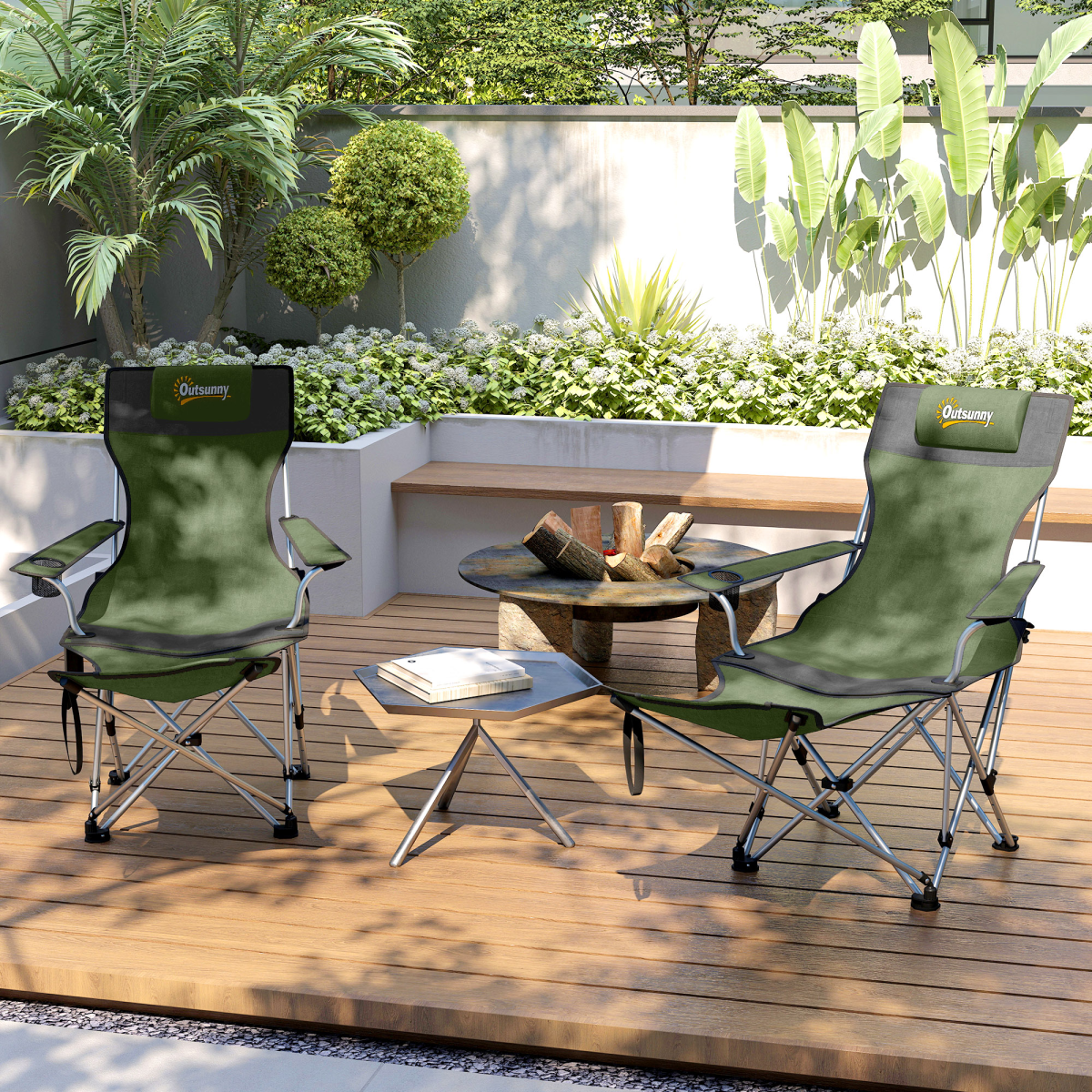 Outsunny Set of 2 Reclining Camping Chairs with Headrest and Cup Holder