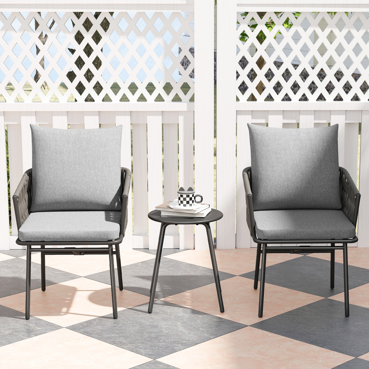 Outsunny Grey Rattan Bistro Set with Table and 4 Cushions