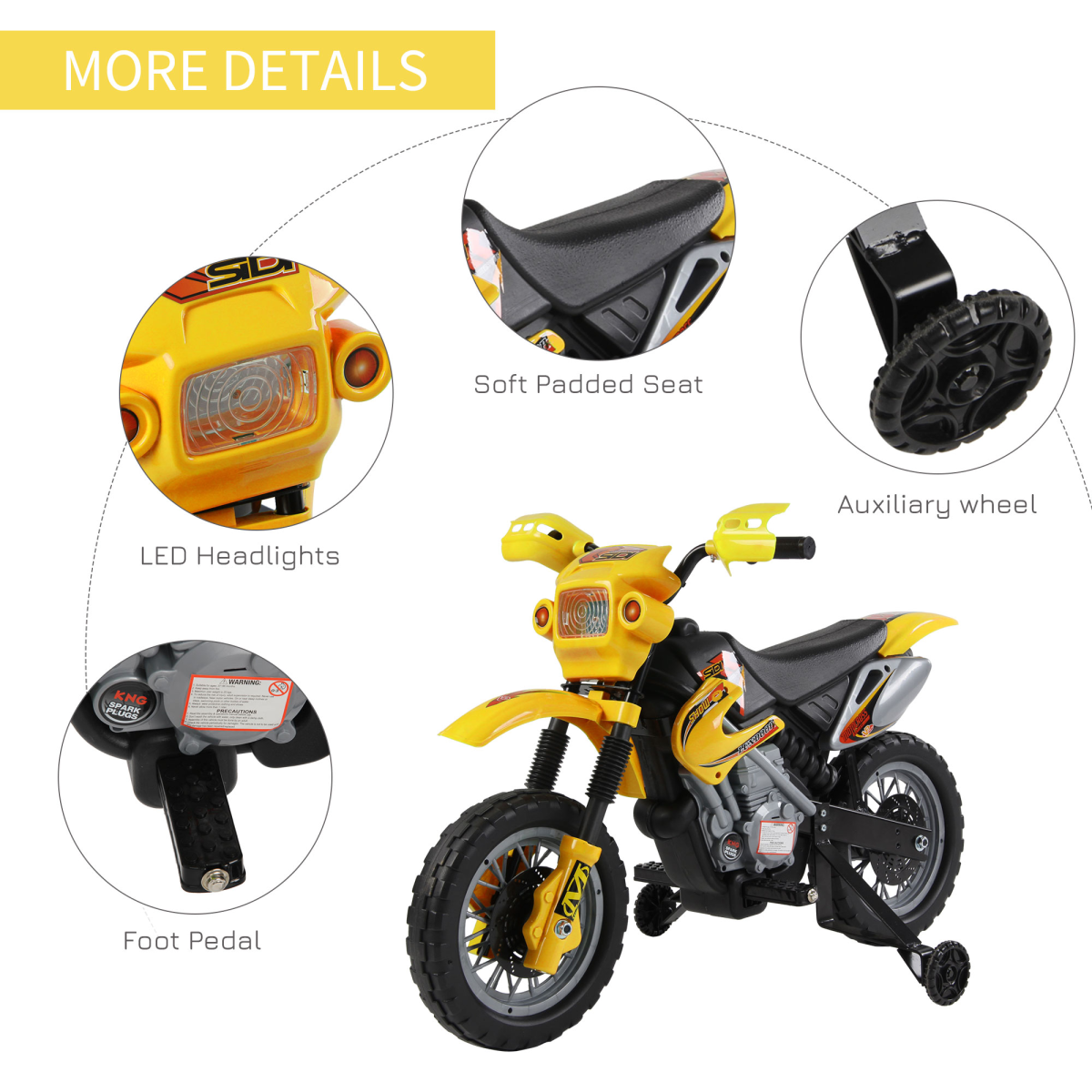 Kids Motocross Ride On Motorcycle with Lights, Music & Horn, Yellow