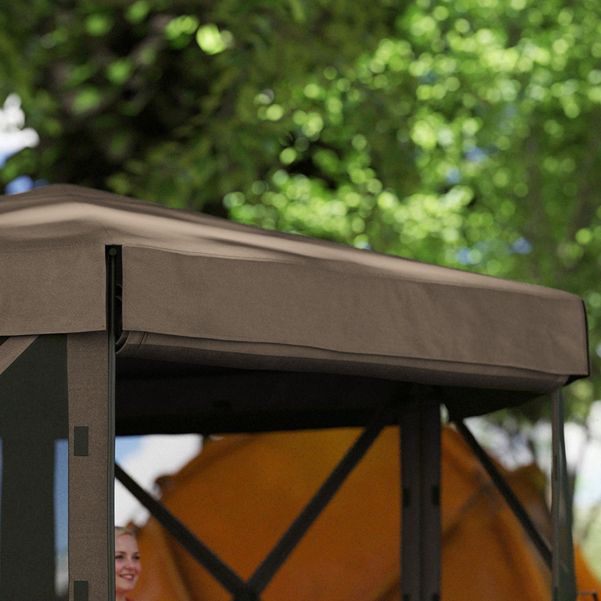 Outsunny 3 x 3m Hexagon Pop-Up Gazebo with Netting, Brown