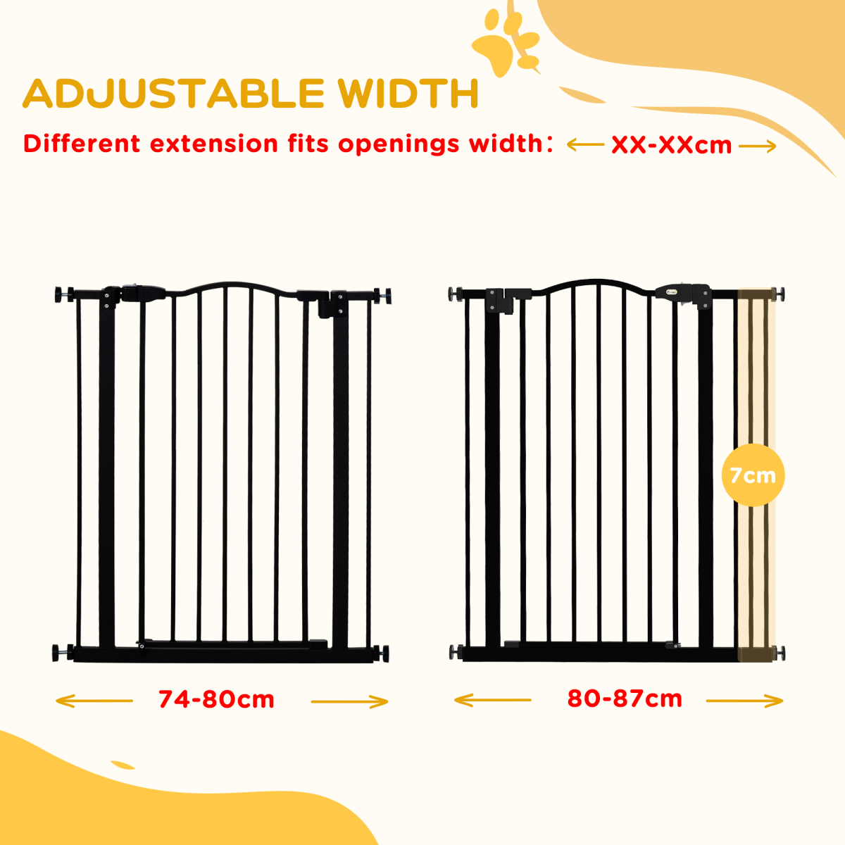 PawHut Adjustable 74-87cm Metal Pet Gate Safety Barrier with Auto-Close Door, Black