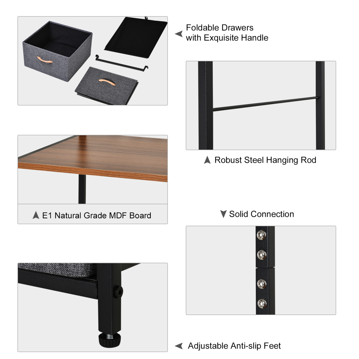 HOMCOM Freestanding Clothes Hanger Storage Unit, Steel Frame, Black Brown, 175 x 83 cm, with Top Rail, Shelf and Drawers