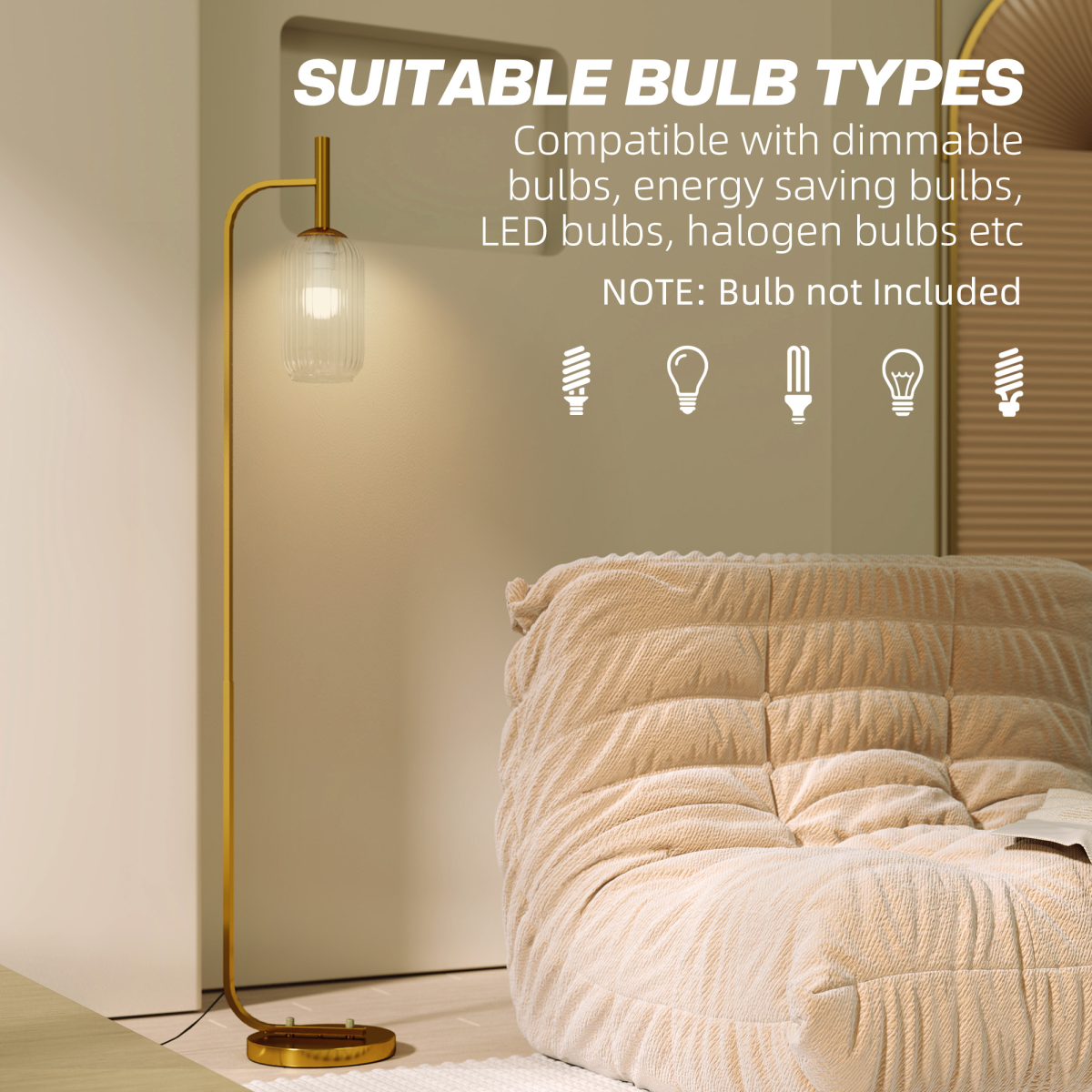 HOMCOM Modern Floor Lamp with Glass Shade and Foot Switch