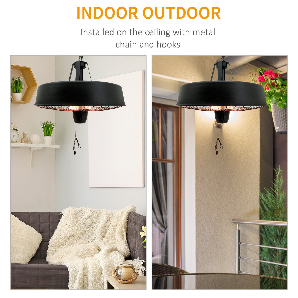 HOMCOM Adjustable Infrared Halogen Ceiling Hanging Heater 1000/2500W Black Aluminium IP24