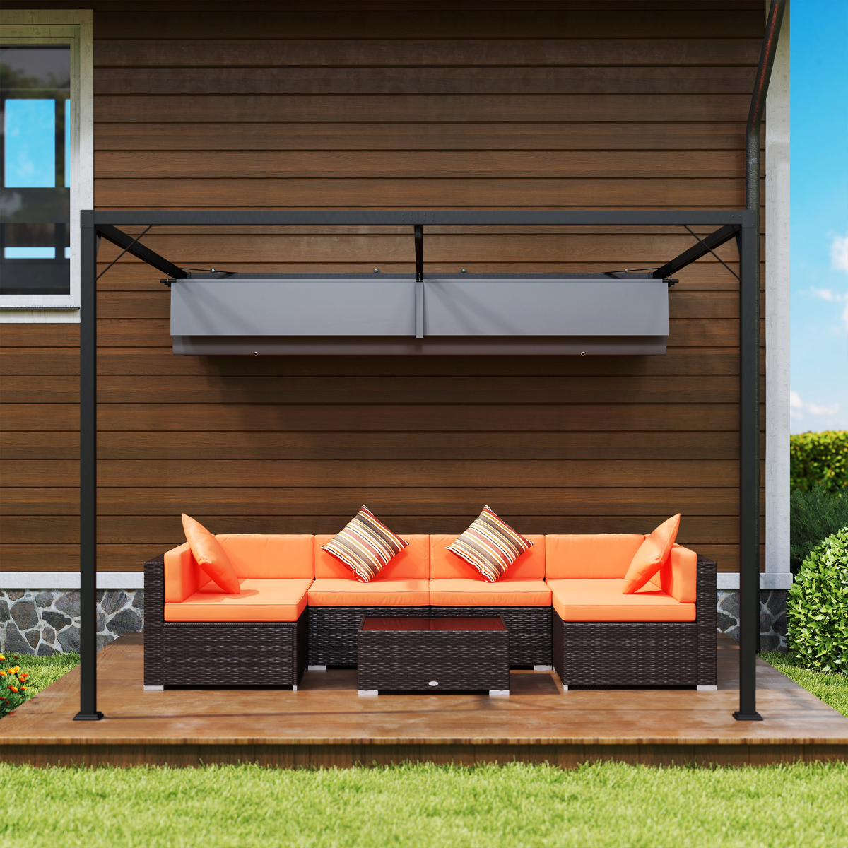Outsunny 3 x 3m Wall-Mounted Outdoor Pergola with Retractable Canopy, Grey
