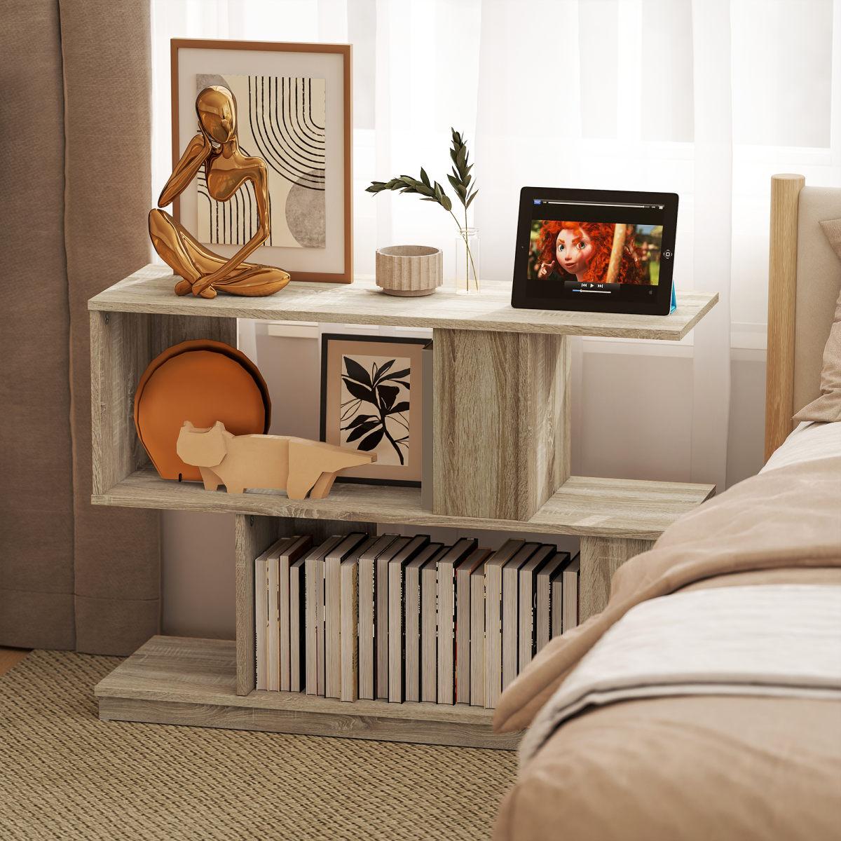 HOMCOM 3-Tier S-Shaped Narrow End Table, Natural Wood Finish