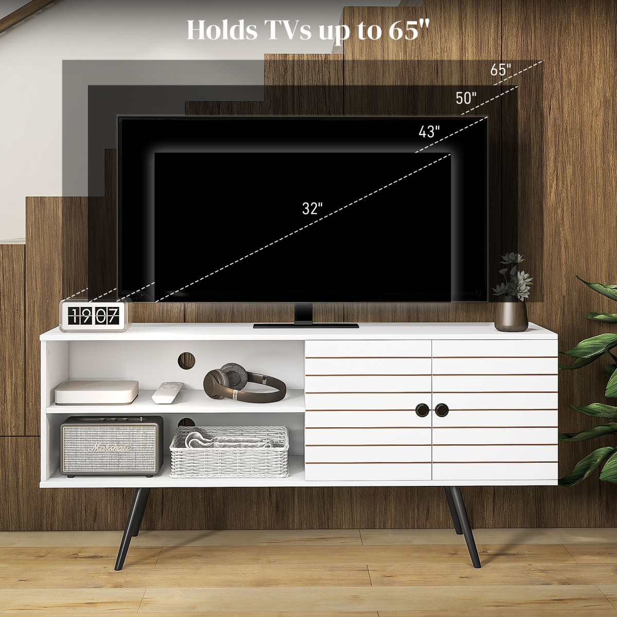 HOMCOM White TV Unit for 65" TVs with 2 Shelves, Door & Cable Holes