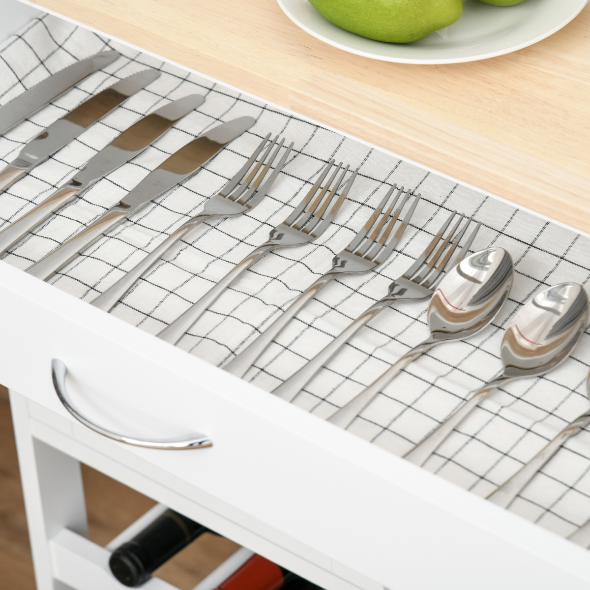 HOMCOM Modern White Kitchen Rolling Storage Cart with Drawer, 9-Bottle Wine Rack, Cabinets, Rubberwood Countertop
