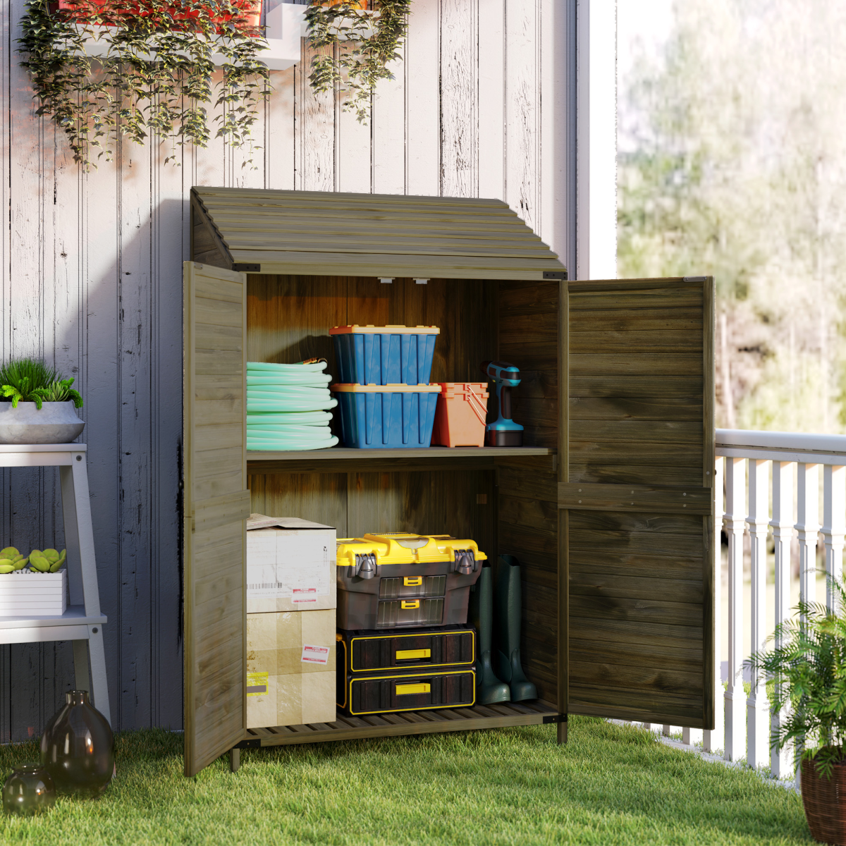 Outsunny Wooden Garden Storage Shed with Double Doors and Shelves, Green