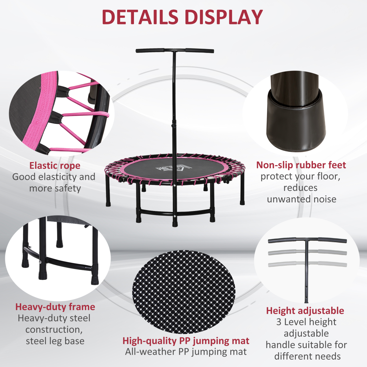 HOMCOM Folding Fitness Trampoline with Adjustable T-Bar Handle, Indoor and Outdoor Mini Rebounder, Steel Frame, 100kg Max Load