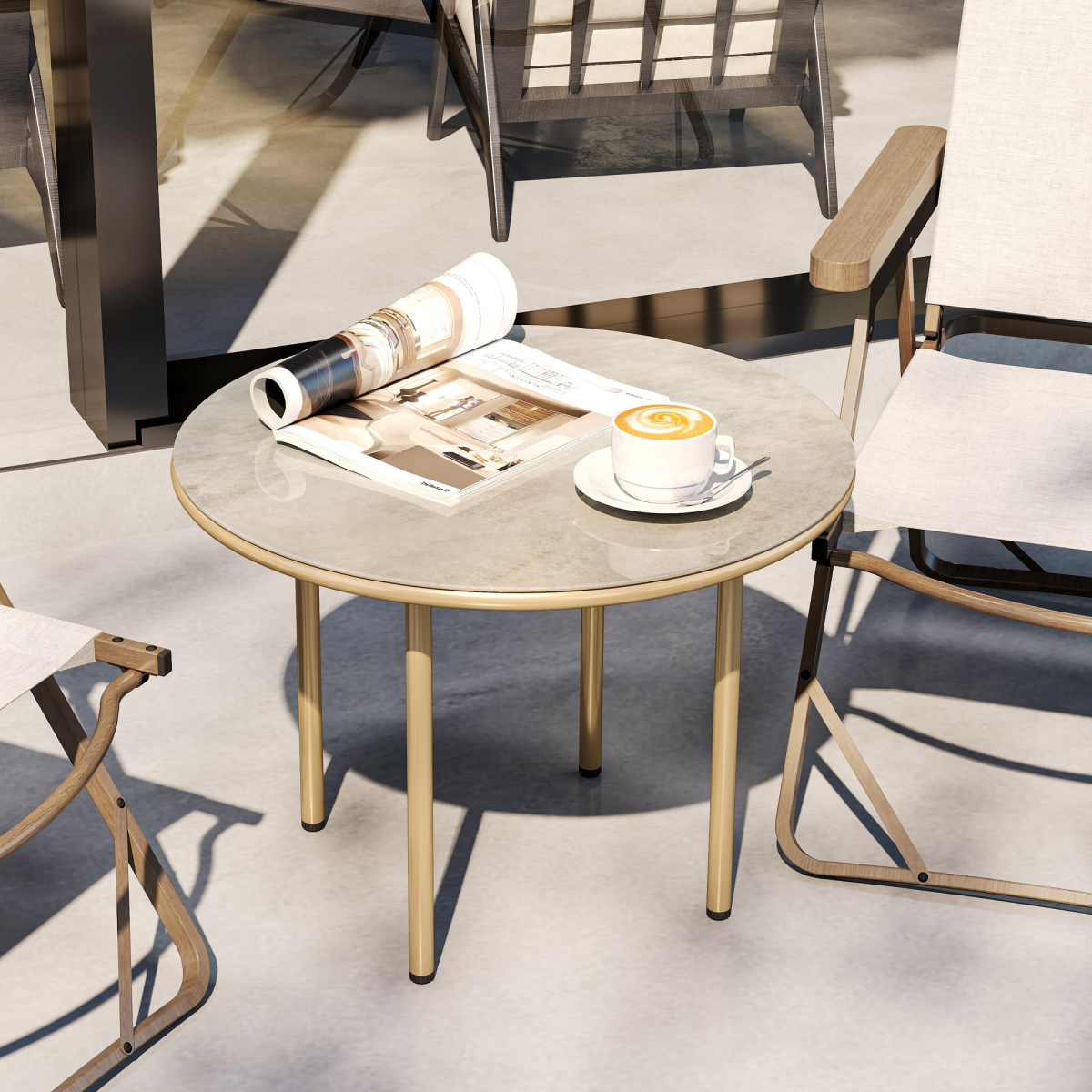 Outsunny Round Garden Table with Faux Marble Tempered Glass Top, Beige