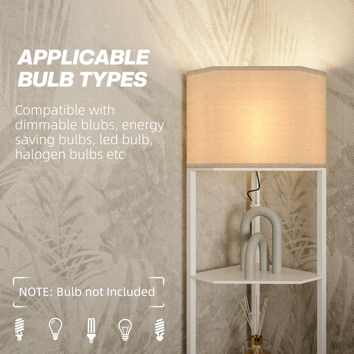 HOMCOM Corner Floor Lamp with Shelves, White