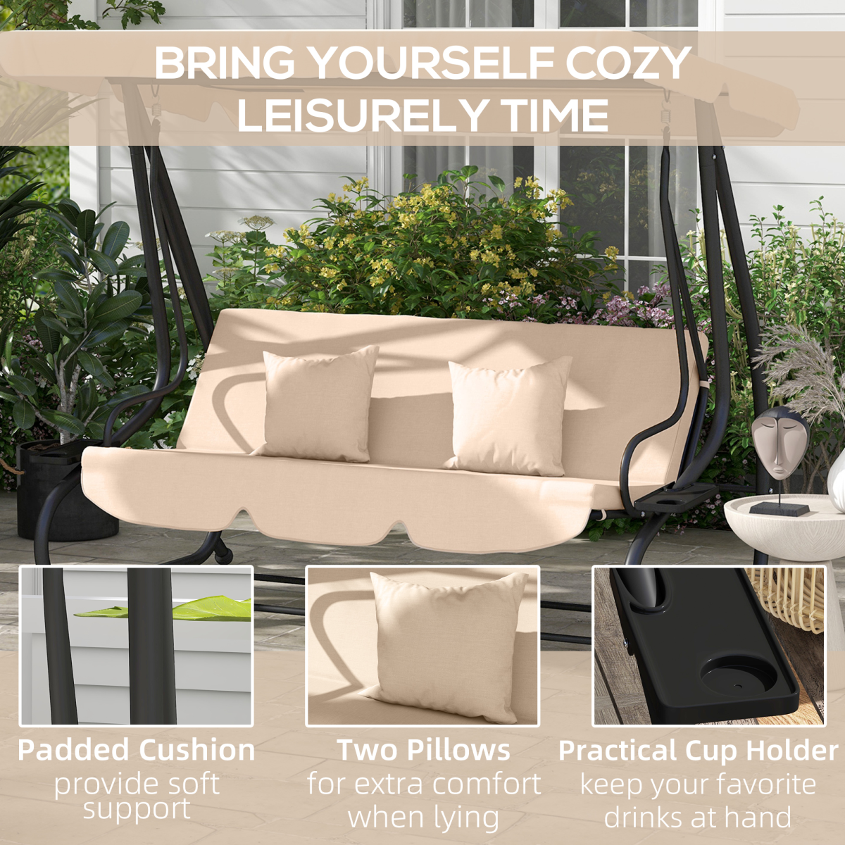 Outsunny 2-in-1 3-Seater Swing Chair with Adjustable Canopy, Light Brown