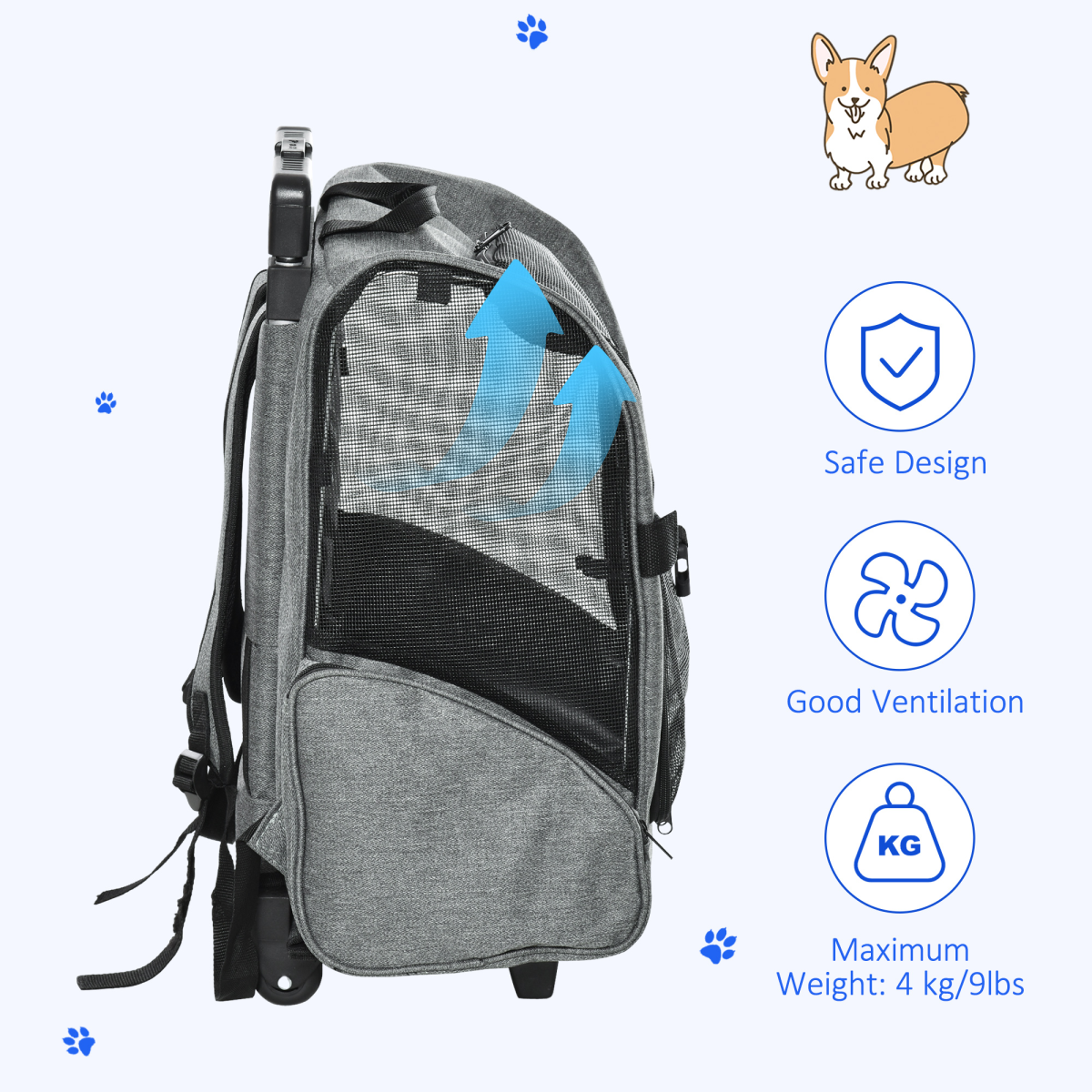 Pawhut 2-in-1 Pet Travel Backpack Carrier with Trolley, Telescopic Handle, Detachable Wheels, Grey