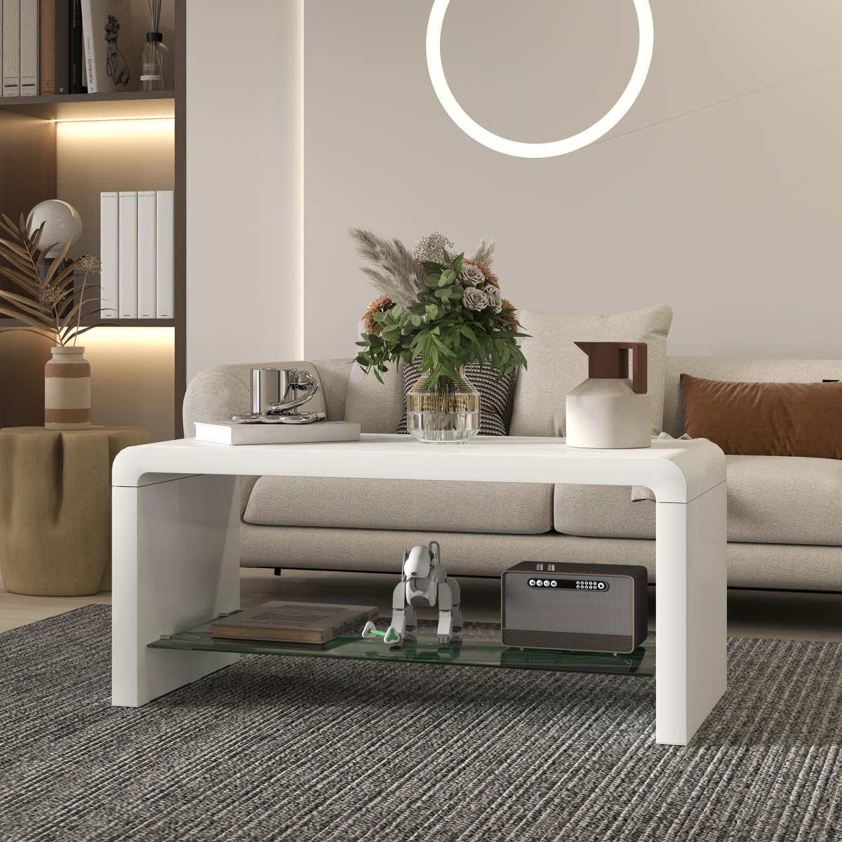 HOMCOM High Gloss White Curved Coffee Table with Glass Shelf