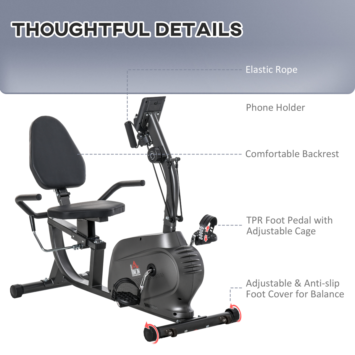 HOMCOM Recumbent Exercise Bike with LCD Monitor, 8 Resistance Levels, Adjustable Seat, Elastic Arm Ropes
