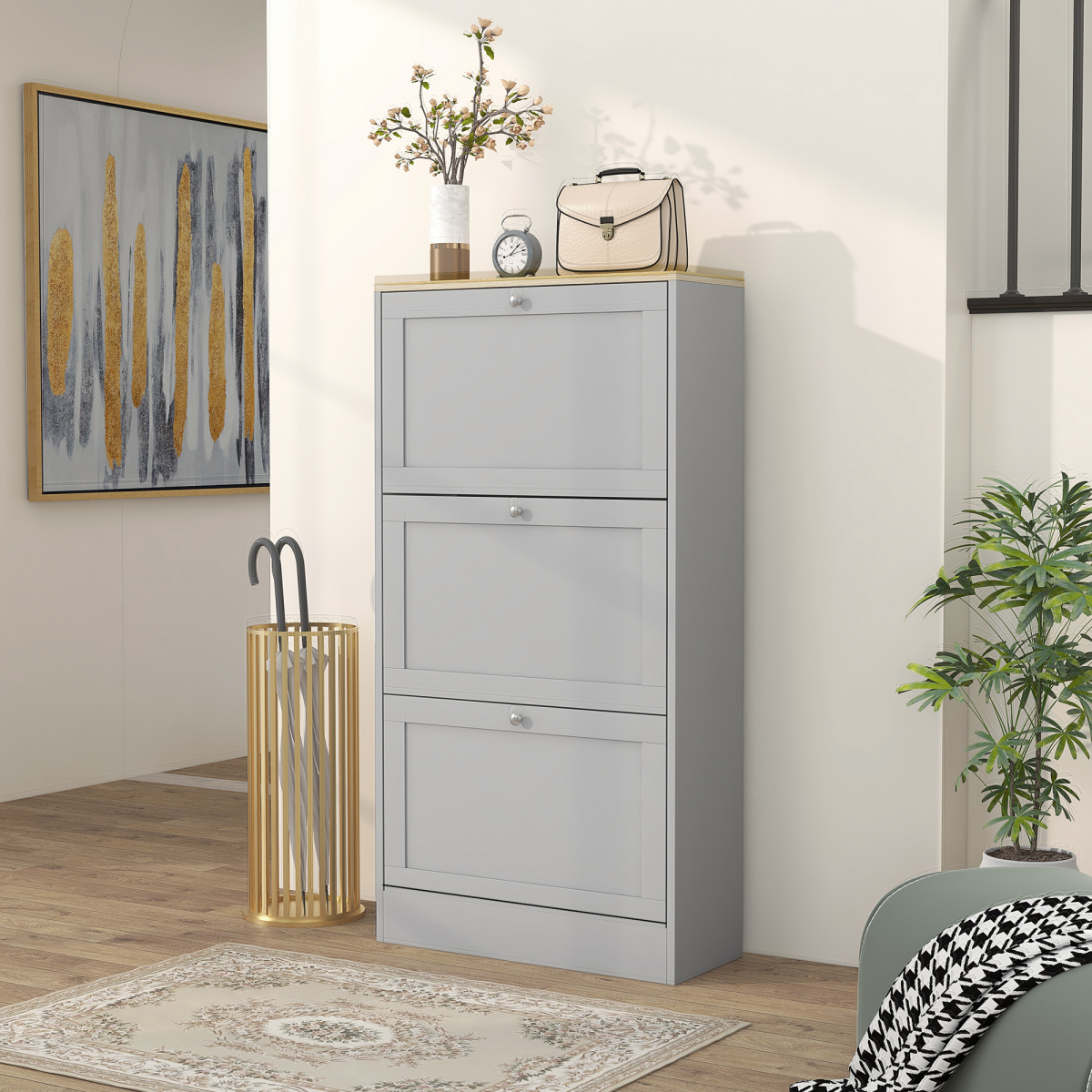 HOMCOM Slim Shoe Cabinet with 3 Flip Drawers, 18 Pairs, Grey