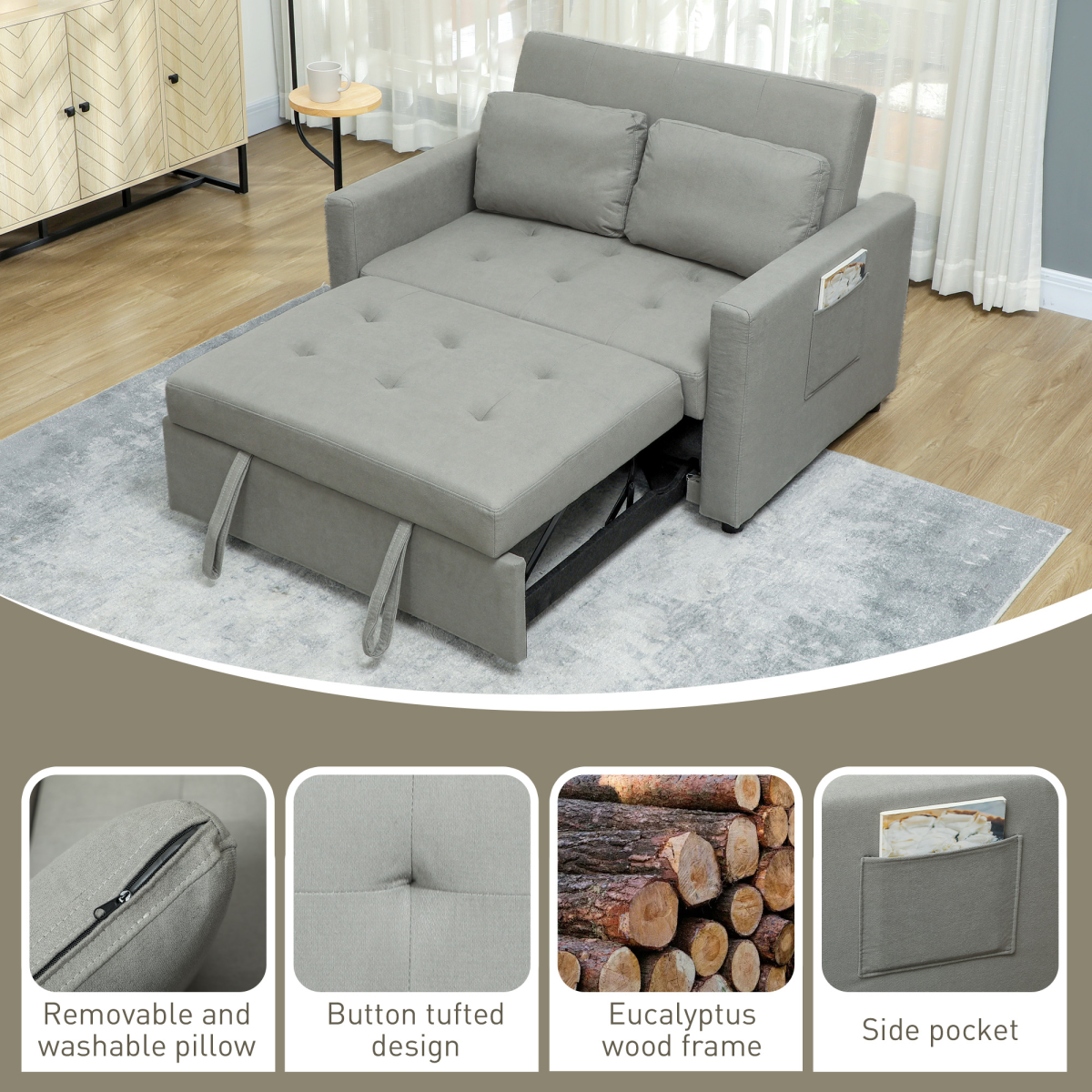 HOMCOM 2 Seater Click-Clack Sofa Bed with Cushions, Light Grey