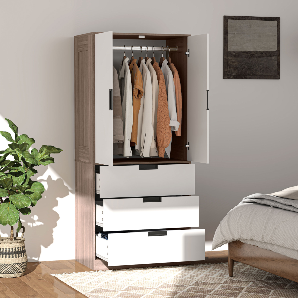 HOMCOM 2-Door Brown Wardrobe with 3 Drawers and Hanging Rod