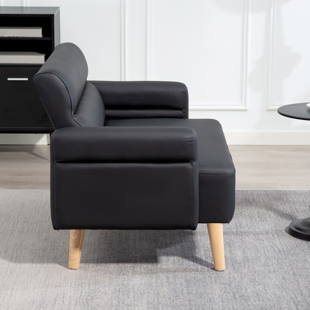 HOMCOM 2 Seater Faux Leather Sofa with Rubber Wood Legs, Black