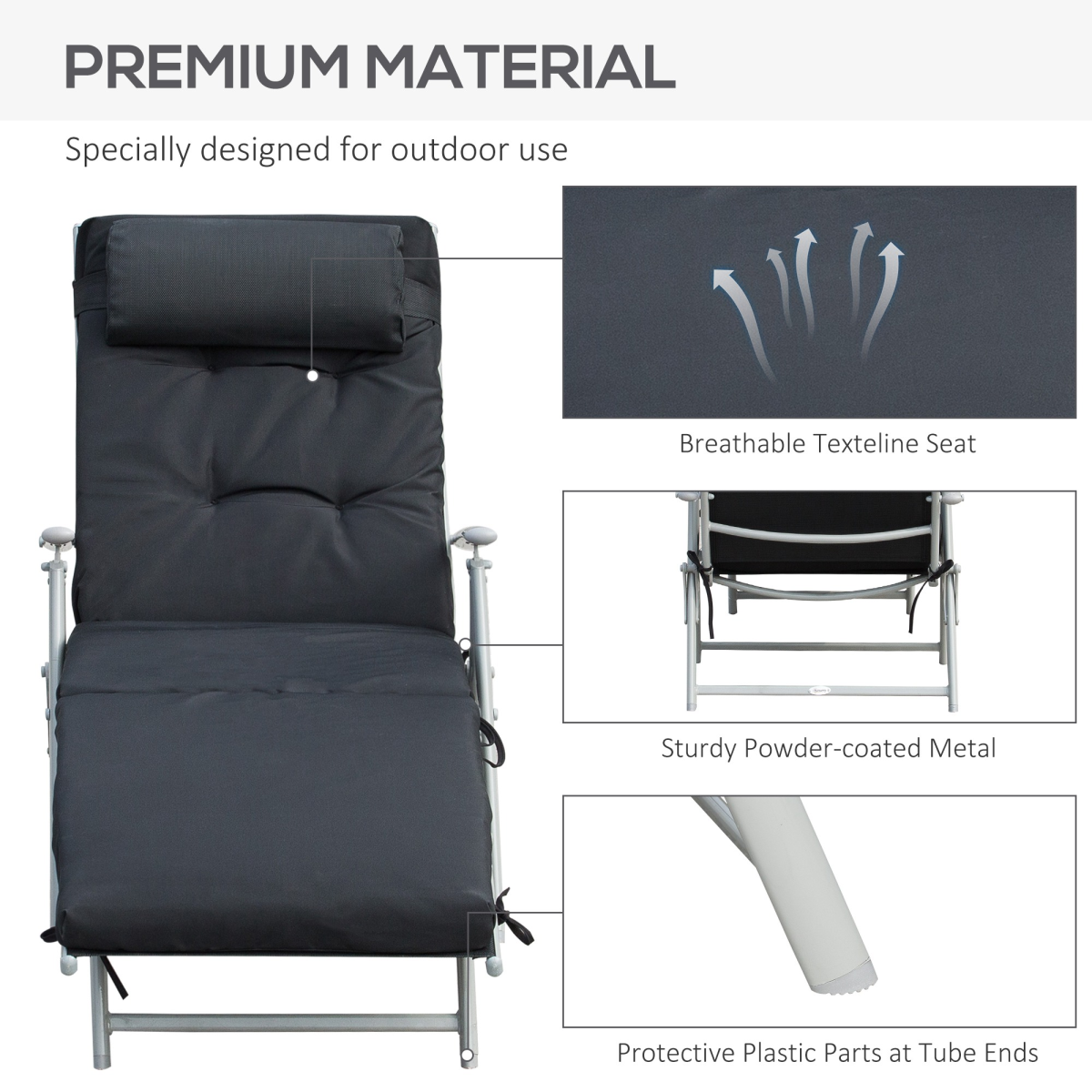 Outsunny Black Adjustable Padded Sun Lounger with Pillow