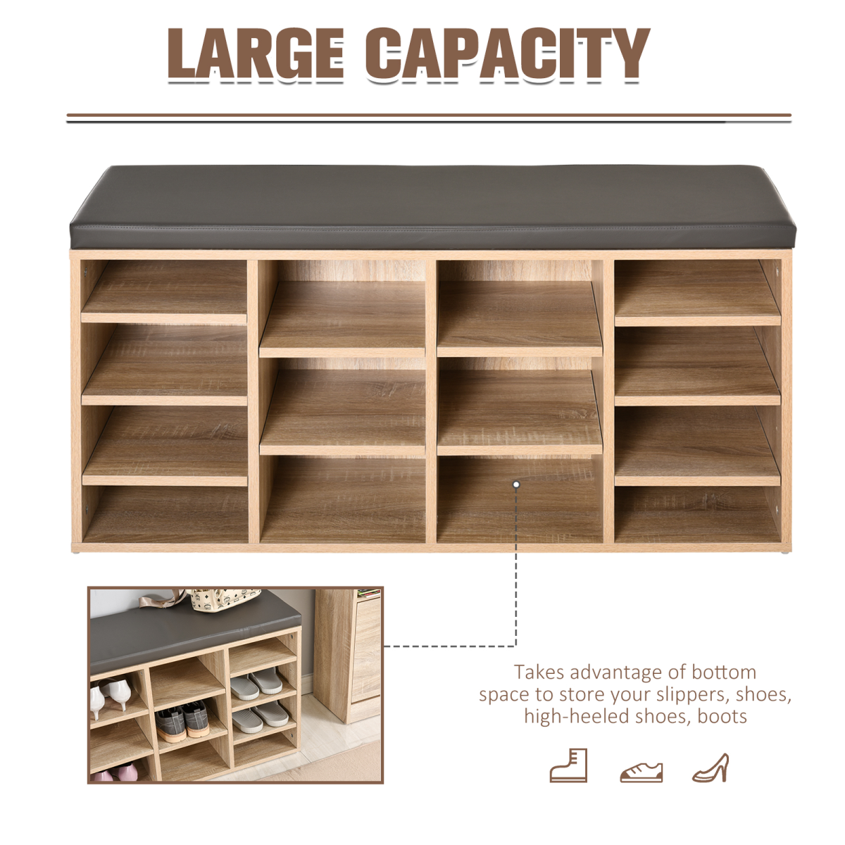 Multi-Storage Shoe Rack 14 Compartments Cushion Moving Shelves  Brown
