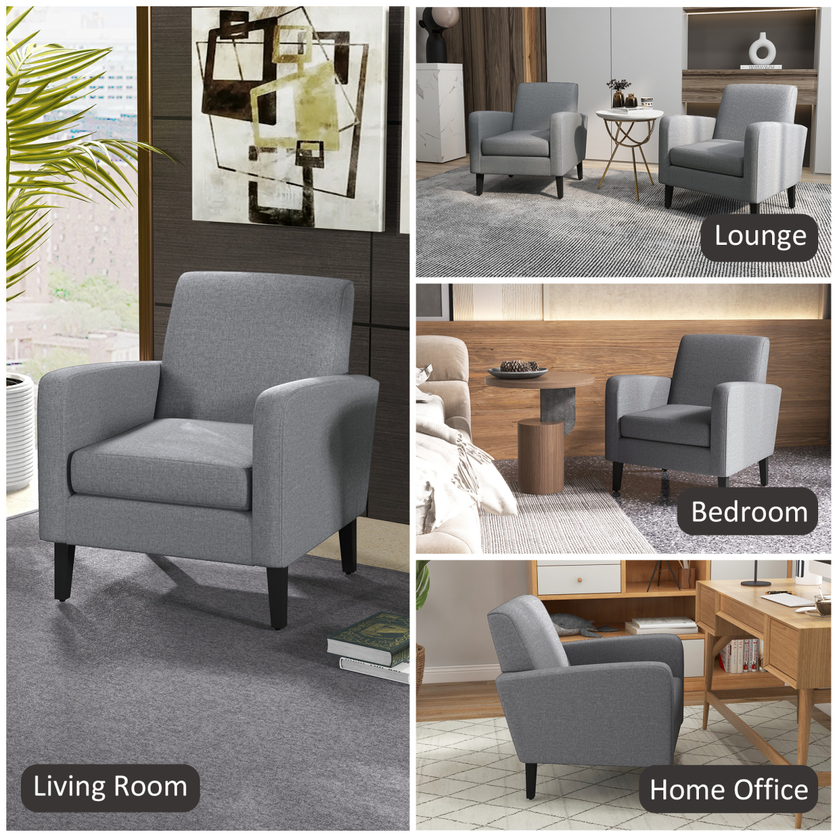 HOMCOM Modern Curved Linen Armchair with Thick Cushion and Wooden Legs, Grey