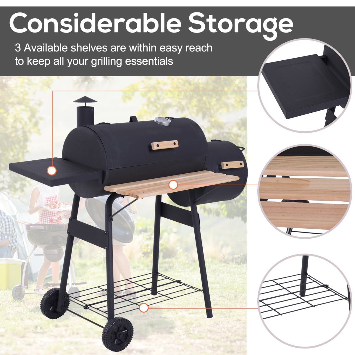 Outsunny Portable Charcoal BBQ Grill with Offset Smoker, Steel, Thermometer, Side Shelves and Wheels