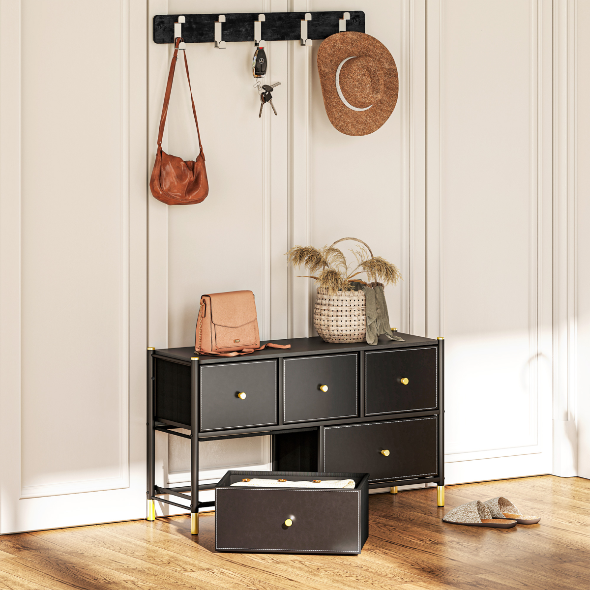 HOMCOM Black Fabric Chest of Drawers with PU Leather Surface