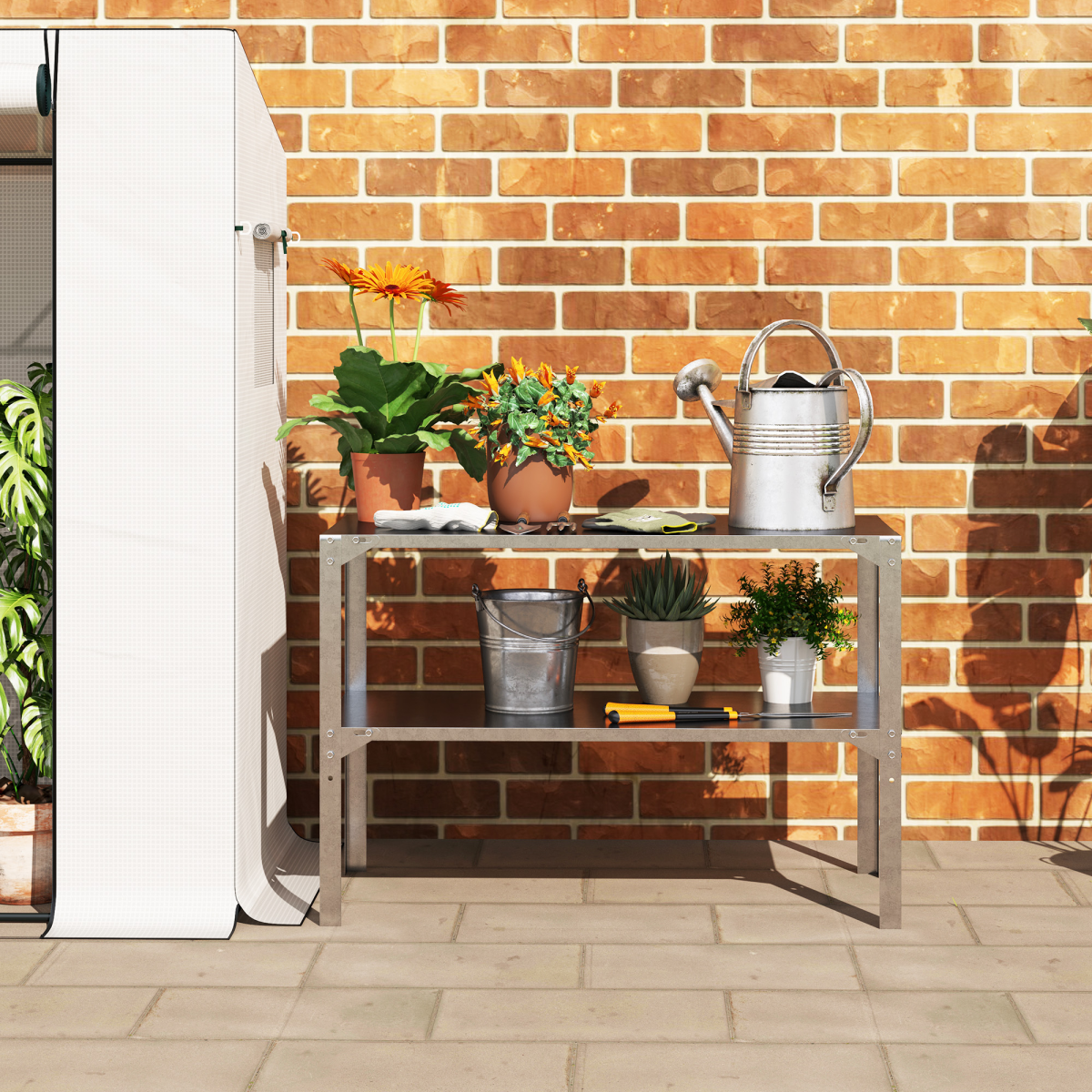 Outsunny 2 Tier Galvanised Steel Potting Bench Table, Silver Tone, Outdoor Gardening Work Bench with Storage Shelves
