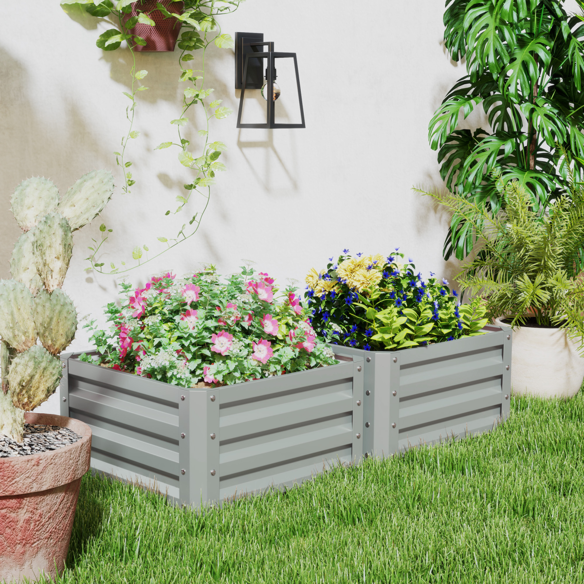 Outsunny Set of 2 Galvanised Steel Raised Garden Beds, Light Grey