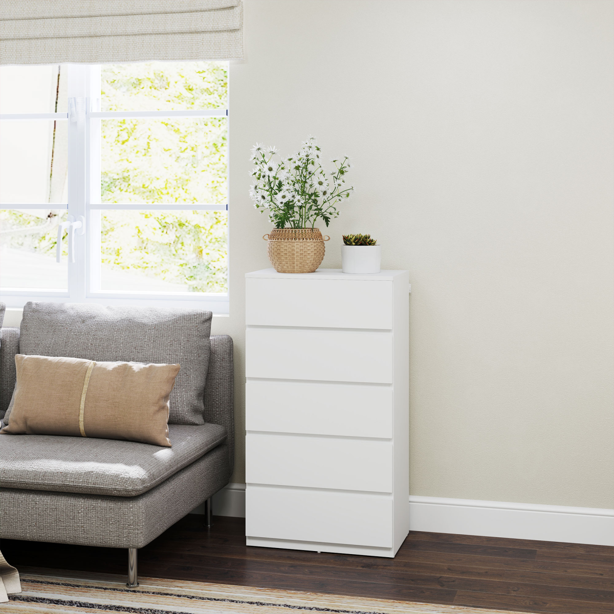 HOMCOM White 5-Drawer Bedroom Chest of Drawers, Handleless, Soft-Close