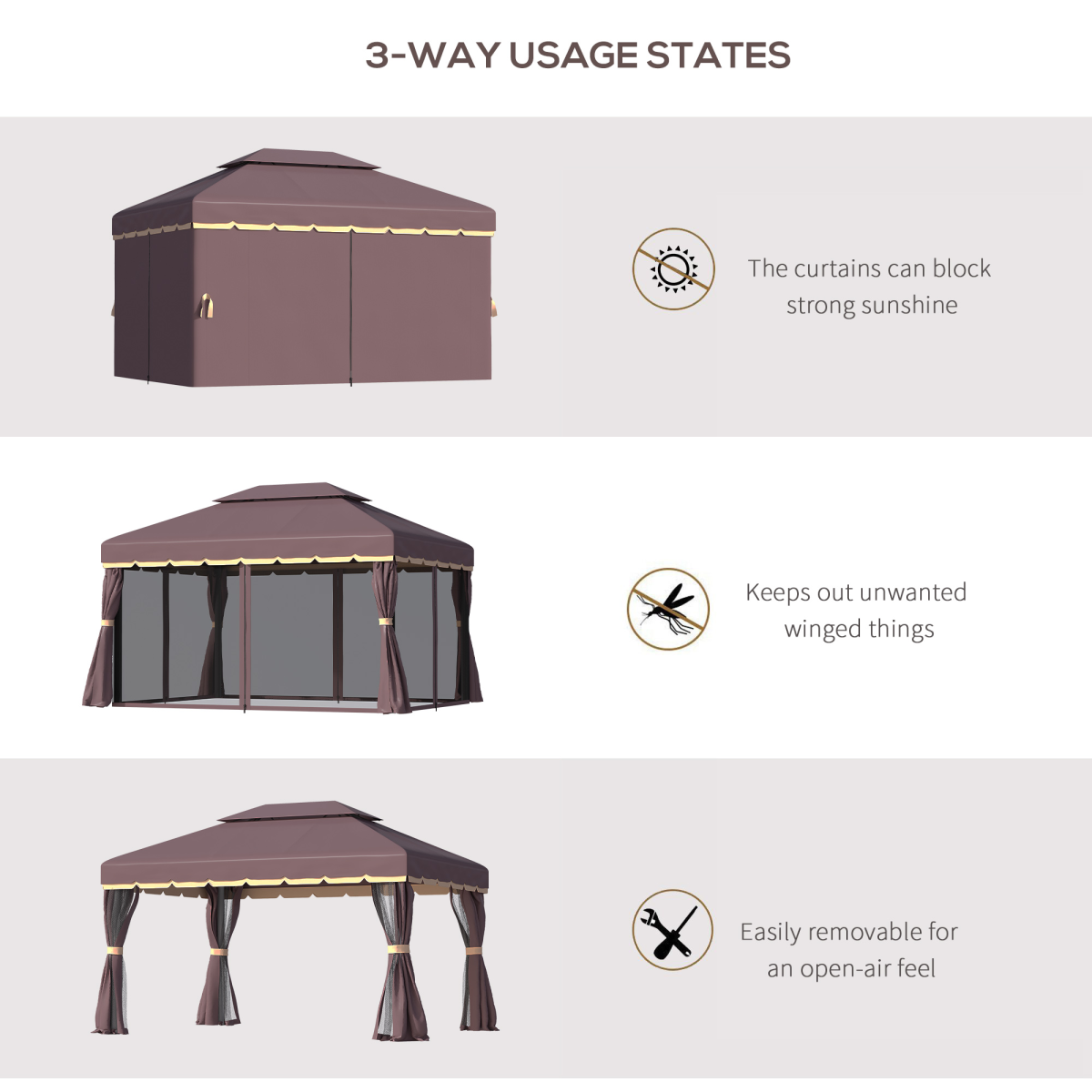 Outsunny Metal Frame Gazebo with Sides, Powder-Coated Aluminium Frame, PA-Coated Polyester Roof, Removable Curtains