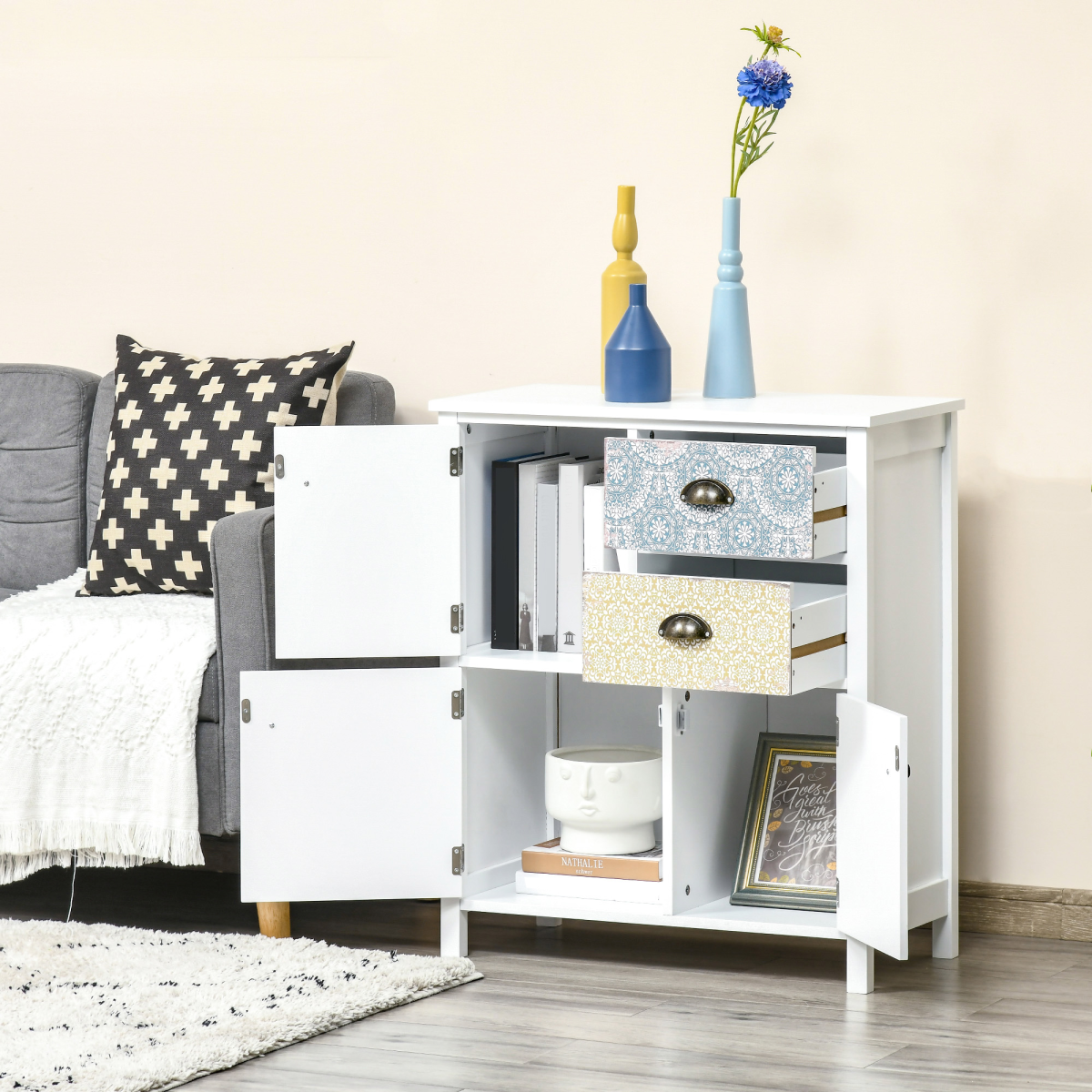 HOMCOM Bohemian Sideboard Storage Chest with 2 Drawers and 3 Cupboards, Colourful Pattern Design, Wood and MDF, Anti-Tipping Straps, Assembly Required