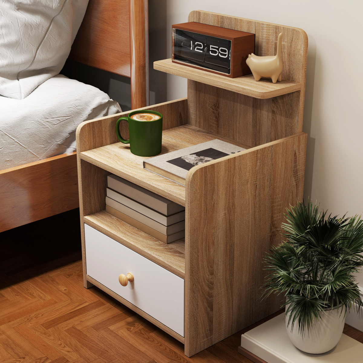 HOMCOM Bedside Table with Drawer and 3 Shelves, Natural Wood Effect