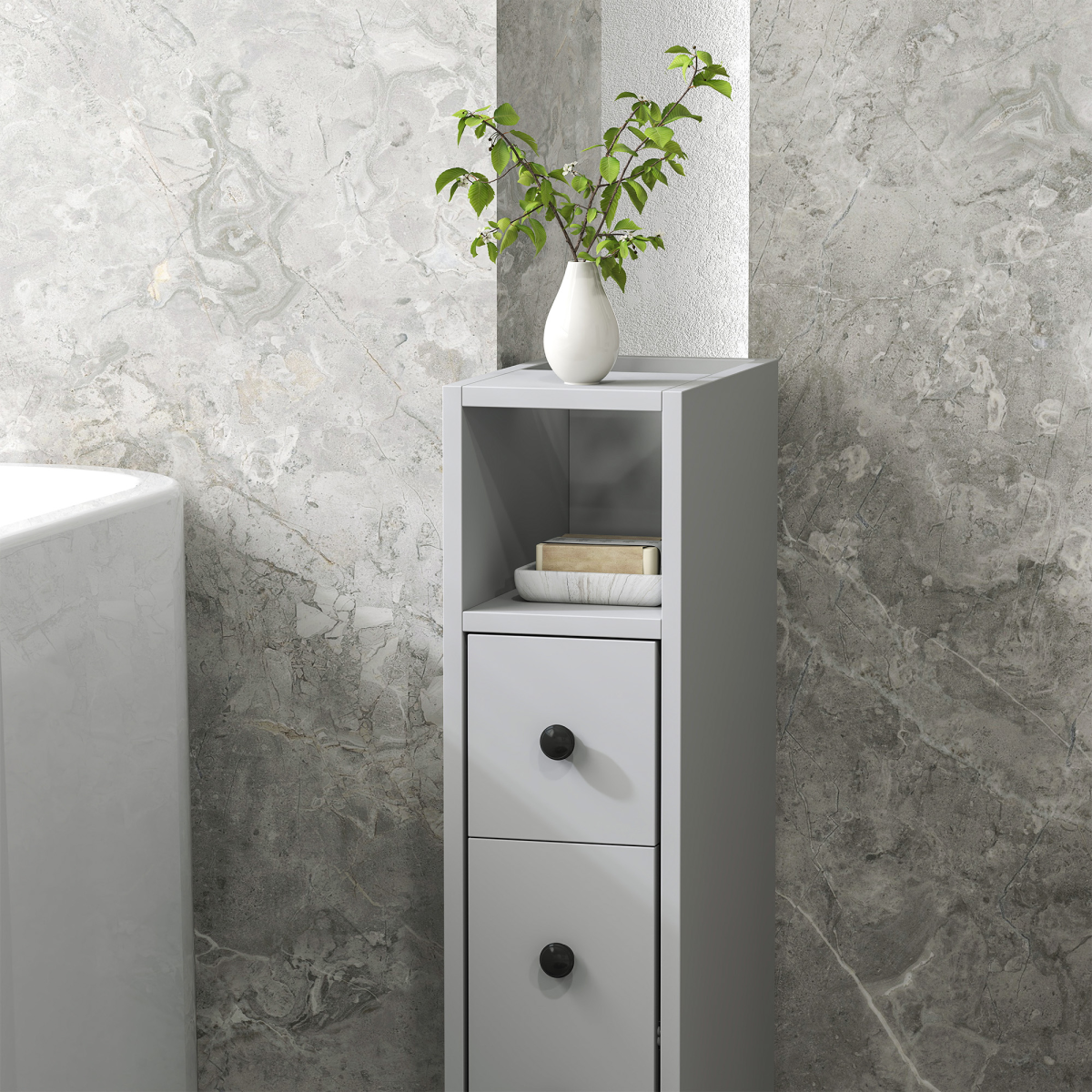 kleankin Slim Grey Bathroom Storage Cabinet with Wheels and Open Compartments