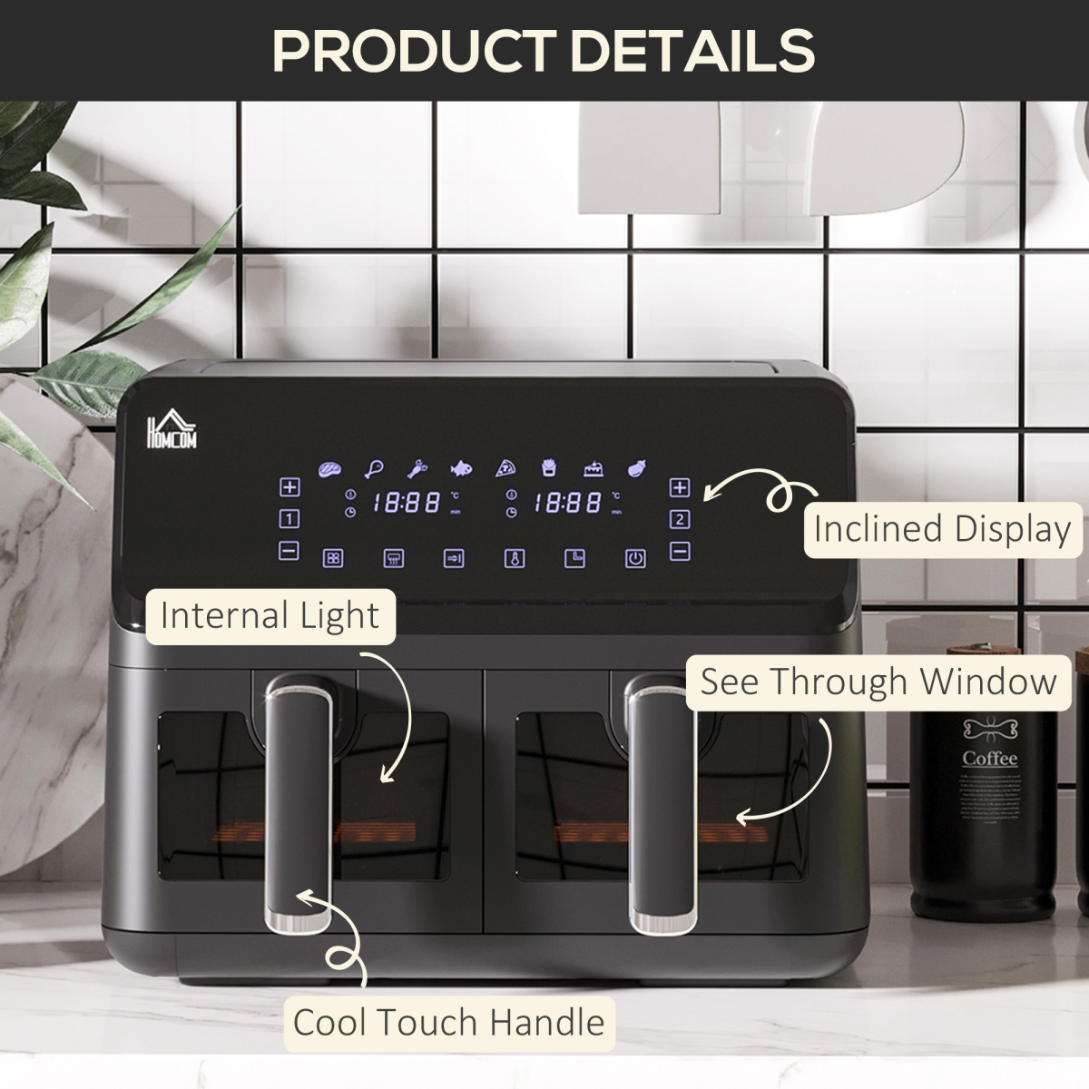 Dual Basket Air Fryer 8L Family Size, 8 Presets, Timer, Cookbook, 2500W, Black