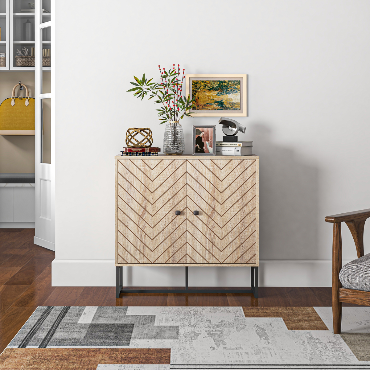 Embossed Arrow Storage Cabinet with Adjustable Shelf and Metal Handles